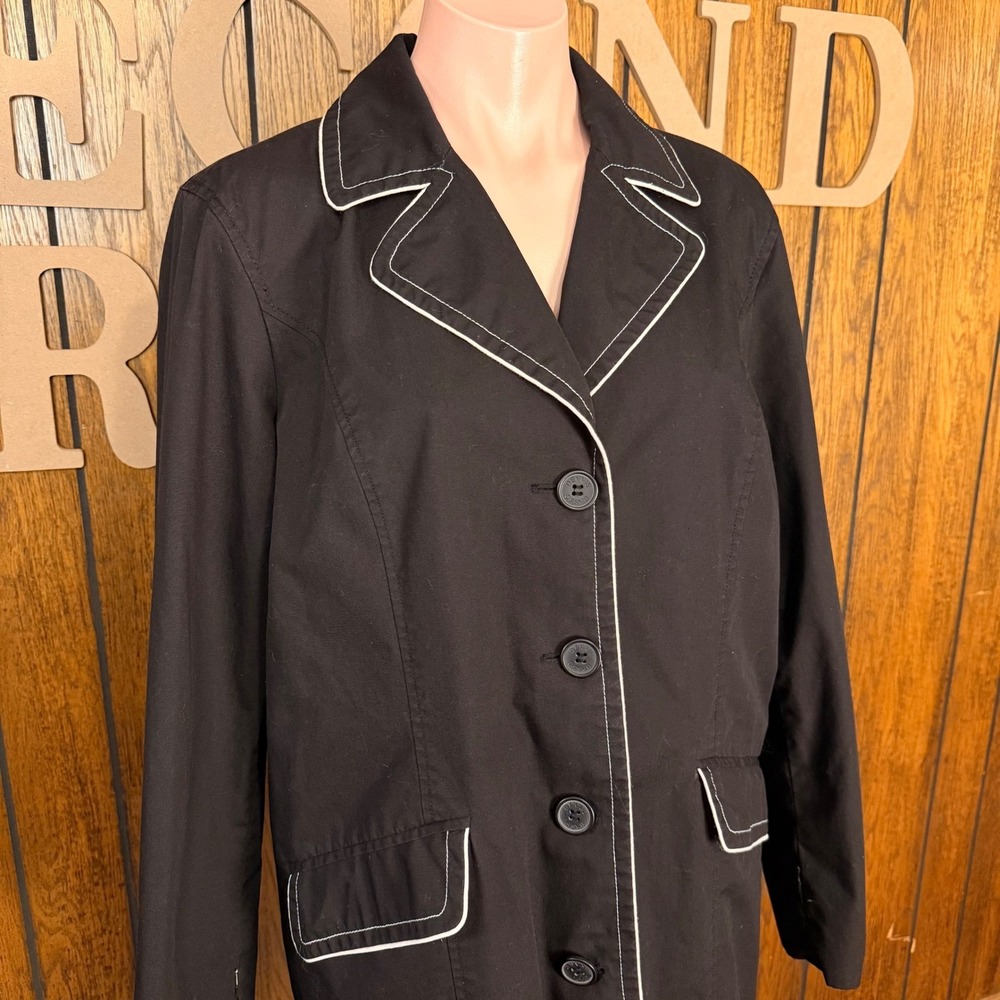 Y2K Black Trench Coat Dennis Basso Women L Contrast Piping Preppy Mod Minimalist - Picture 3 of 6
